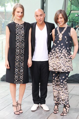 Tilda Lindstam, in Suno, with Swarovski Award for Womenswear winners Max Osterweis and Erin Beatty